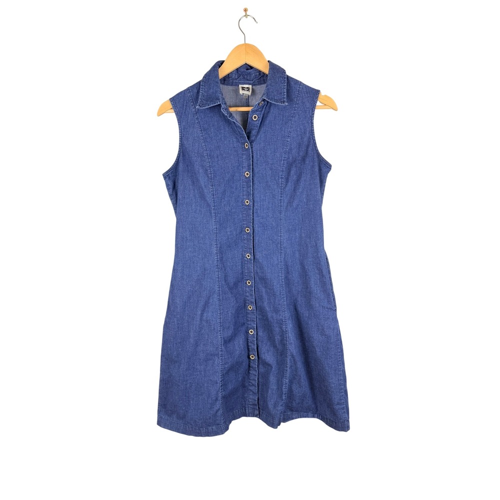 Anne Klein Womens Sleeveless Denim Button Down Shirt Dress 6 Blue Jean Pockets